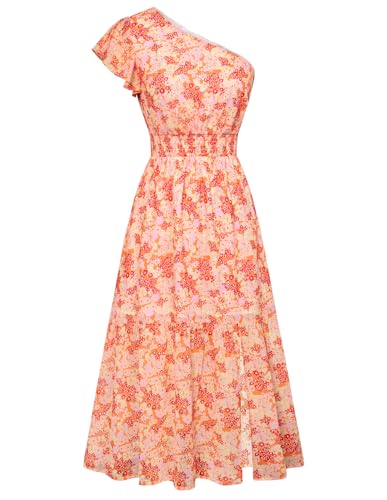 Damen Hoher Taille Rüschenkleid Maxikleid mit Schlitz A Linien Saum Kleid Orange-gelb-Violette Blume L von Kate Kasin