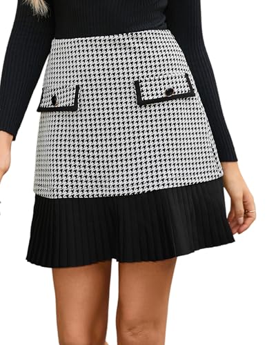 Damen Rock High Waist Faltenrock Tweed Karo Minirock Kurz Karierter Freizeitrock Elegant Mini Short Skirt Taschendekoration Schwarz-weißer Tweed Karo S von Kate Kasin