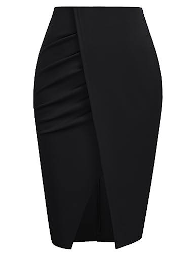 Damen Rock Sommer A Linie Freizeitrock mit Hohe Taille Elastisch Bleistiftrock Knielang Skirt Schwarz XL von Kate Kasin