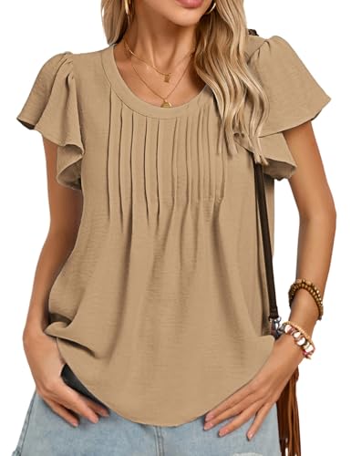 Damen Sommerliche Bluse schmalem U-Ausschnitt plissiertem Vorderteil Khaki L von Kate Kasin