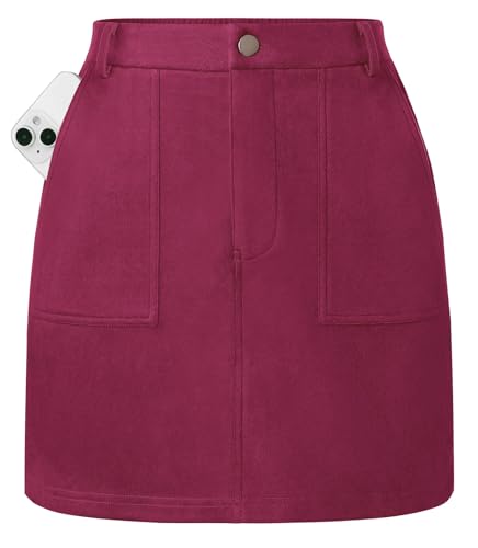 Damenrock Elegant A-Linie Wildleder Midirock mit Taschen Taillengummi Weinrot M von Kate Kasin