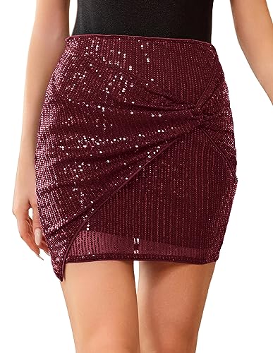 Glitzer Rock Damen Sommer mit Lined High Waist Mini Rock Weinrot Rave Festival Rock für Sparkle Party von Kate Kasin