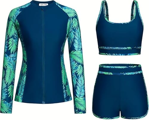 Kate Kasin 3-Teiliges Damen Badeanzug Set Langarm Reißverschluss Rashguard Sport-BH Badehose Schwimmanzug UV-Schutz Pfauenblaugrünes Blatt XXL von Kate Kasin