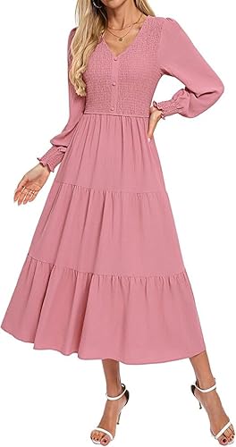 Kate Kasin Ausgestelltes Maxikleid für Frauen Herbst Winter Langarm V-Ausschnitt Gesmoktes Taille Stufenrock mit Knopfleiste Rosa XXL von Kate Kasin