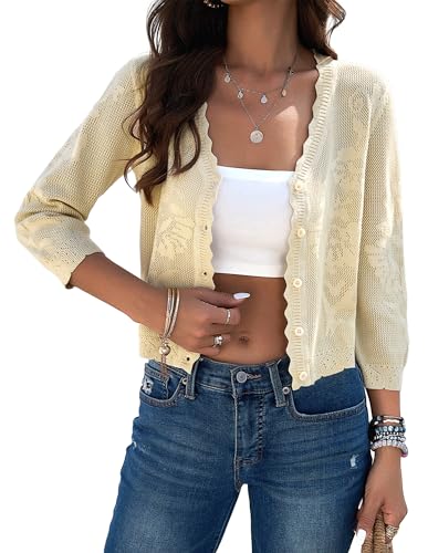 Kate Kasin Damen Bolero Kurze Strickjacke 3/4 Ärmel Cardigan Elegante Jacke Stricken V-Ausschnitt mit Knopf Aprikose XL von Kate Kasin