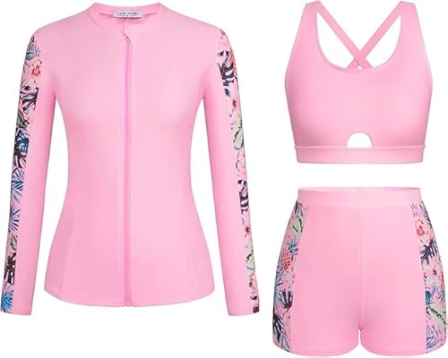 Kate Kasin Damen 3-Piece Beach Badeanzug Zip Up Jacke gepolstert Sport-BH Boyshort Bottoms Pink Leaves XL von Kate Kasin