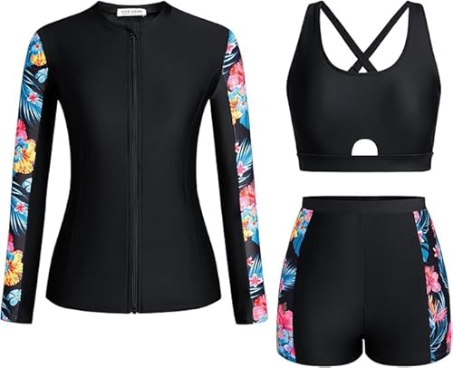 Kate Kasin Damen 3-Teilige Athletische Badebekleidung Langarm Reißverschluss Jacke Gepolsterter Sport-BH Boyshort Bottoms Schwarz-Rot Blau Floral XXL von Kate Kasin
