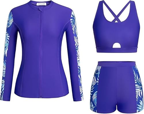 Kate Kasin Damen 3-teiliges Surf Set Rash Guard Boyshorts & Zipper Shirt für Sonnenschutz & Schwimmen Dunkelblaue Blätter XXL Kate Kasin Damen 3-teiliges Surf Set Rash Guard Boyshorts & Zipper Shirt für Sonnenschutz & Schwimmen Dunkelblaue Blätter XXL von Kate Kasin