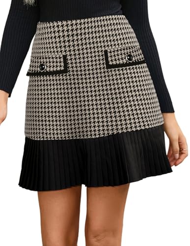 Kate Kasin Damen A-Linie Rock Eleganter Herbst Rock Lässig Karierten Hohe Taille Faltenrock Tweed Karo Minirock Plissierter Halbrock Uniform Minirock Aprikose Tweed Karo S von Kate Kasin