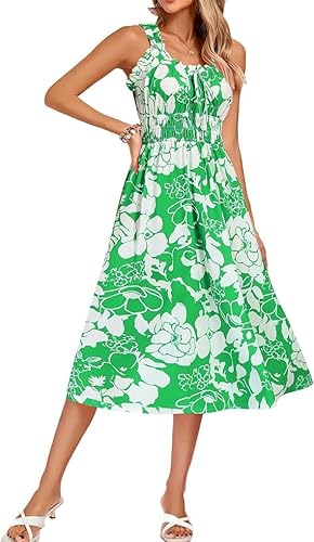 Kate Kasin Damen A-Linie Sommerkleid Ärmellos U-Ausschnitt Floral Print Elastische Taille Midi Sommerkleid Mid-Calf Länge Soft Grün Floral M von Kate Kasin