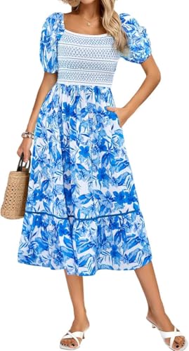 Kate Kasin Damen Blumendruck Midikleid Viereckiger Ausschnitt Gesmoktes Mieder Kurze Puffärmel A-Linie Sommerkleid mit Taschen Blau Floral L von Kate Kasin