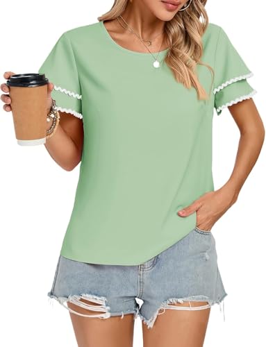 Kate Kasin Damen-Bluse mit Volantärmeln, Rundhalsausschnitt, lässiges Oberteil mit Schlüsselloch hinten, Sommer-T-Shirt, lockere Passform, einfarbig, Pullover, Grün XXL Kate Kasin Damen-Bluse mit Volantärmeln, Rundhalsausschnitt, lässiges Oberteil mit Schlüsselloch hinten, Sommer-T-Shirt, lockere Passform, einfarbig, Pullover, Grün XXL von Kate Kasin