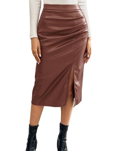 Kate Kasin Damen Bodycon Bleistiftrock Wickelrock Hoher Elastischer Seitlicher Schlitz Lässiger Lederrrock Dunkelbraun S von Kate Kasin