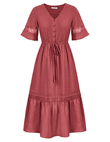 Kate Kasin Damen Boho Flowy Maxikleid Kurzarm V-Ausschnitt Knopf Spitze mit Blumenmuster und gestuften Rüschen Party Abend Umstandskleid Weinrot L von Kate Kasin