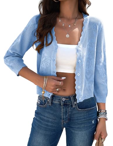 Kate Kasin Damen Bolero Shrug für Kleid Elegant 3/4 Ärmel Button Down Strick Hollow Out Texturierte Kurze Strickjacke Pullover Outwear Hellblau M von Kate Kasin