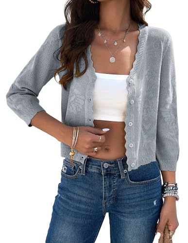 Kate Kasin Damen Bolero für Kleid Elegante 3/4 Ärmel Button Down Knit Hollow Out Textured Cardigan Pullover Outwear Silbergrau M von Kate Kasin