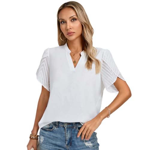 Kate Kasin Damen Business Casual Work Tops Short Petal Sleeve Henley V-Neck Blouse Contrast Fabric Shirts Weiß M von Kate Kasin