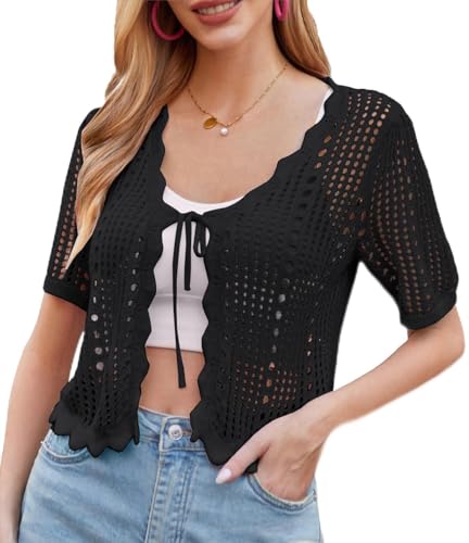 Kate Kasin Damen Cardigan Pullover mit V Ausschnitt Hohler Textur Retro Kurzarm Cardigan Party Schwarz 2XL von Kate Kasin