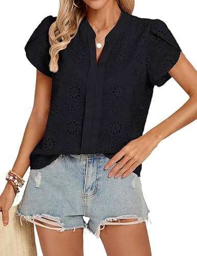 Kate Kasin Damen Casual Hollow Out Bluse Short Petal Sleeve V-Neck Pullover Top Floral Eyelet Lace Shirt Schwarz S von Kate Kasin