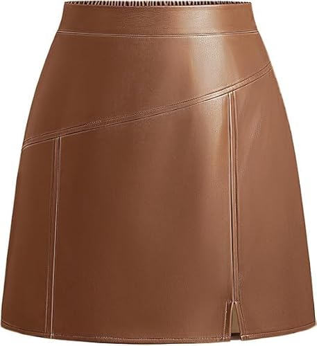 Kate Kasin Damen Casual PU Mini Rock A-Linie Silhouette Elastische Taille Seite Reißverschluss mit Frontschlitz Braun L von Kate Kasin