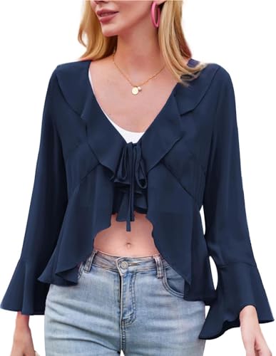 Kate Kasin Damen Chiffon Front Krawatte Bolero Lange Ausgestellte Ärmel Rüsche V-Ausschnitt Shrug Dunkelblau L von Kate Kasin