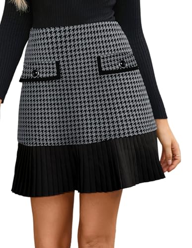 Kate Kasin Damen Elegant A-Linie Rock Kariert Hohe Taille Faltenrock Tweed Karo Minirock Herbst&Winter Kurzer Rock Plissierter Halbrock Uniform Minirock Grau Tweed Karo L von Kate Kasin