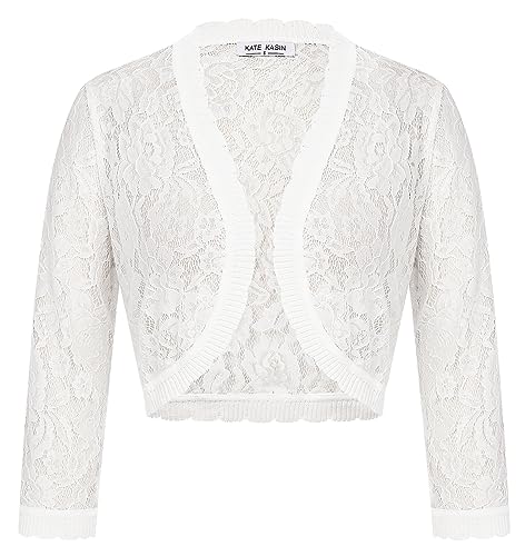 Kate Kasin Damen Elegant Floral Spitze Bolero Shrugs 3/4 Ärmel Offen Vorne Spitze Mantel für Arbeit KK0668-01 XL von Kate Kasin