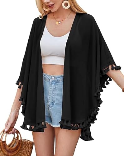 Kate Kasin Damen Elegant Kurzärmelig Chiffon Dünner Strickjacke Kimono Cardigan Loose Badeanzug Cover Up Schwarz XL von Kate Kasin