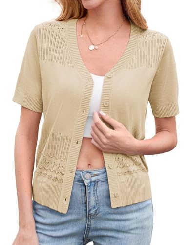 Kate Kasin Damen Eleganter Hohler V Aausschnitt Cardigan Sommer Kurzarm Cardigan Pullover Für Picknick Aprikose S von Kate Kasin