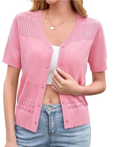 Kate Kasin Damen Eleganter Hohler V Aausschnitt Cardigan Sommer Kurzarm Cardigan Pullover Für Picknick Rosa S von Kate Kasin