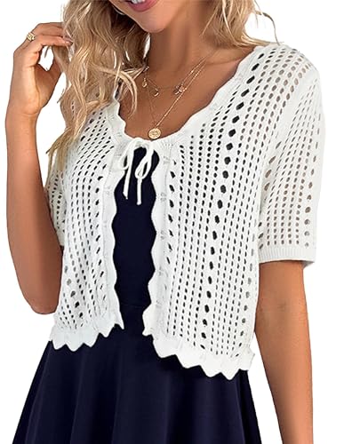 Kate Kasin Damen Eleganter Kurzärmliger Cardigan mit V Ausschnitt Einfarbiger Pullover mit Hohler Textur Weiß 2XL von Kate Kasin