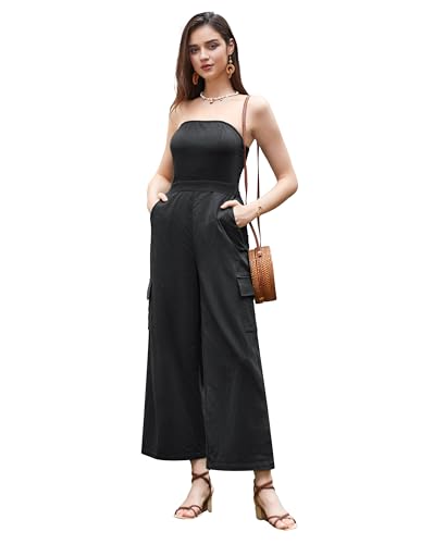 Kate Kasin Damen Eleganter Overall Aus Baumwolle und Leinen Ärmellos mit Röhrenoberteil Langer Overall mit Hoher Taille Schwarz L von Kate Kasin