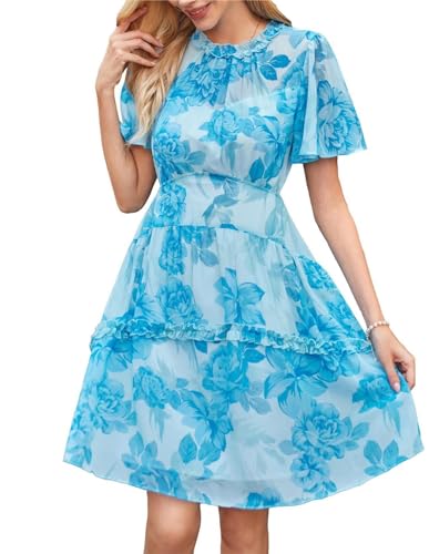 Kate Kasin Damen Elegantes Französisches Retrokleid Für Den Sommer Alevelkleid Reiseparty Blaue Blume XL von Kate Kasin