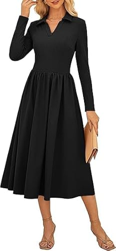 Kate Kasin Damen Elegantes Mid-Calf-Kleid mit Langen Ärmeln Reverskragen V‑Ausschnitt ausgestelltem A‑Linien-Schnitt Partykleid Schwarz M von Kate Kasin