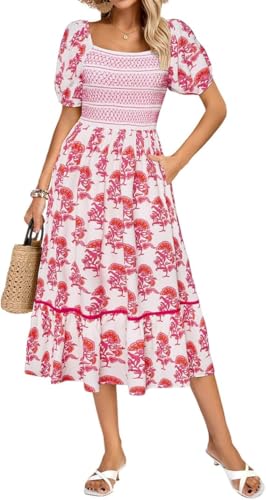 Kate Kasin Damen Floral Midikleid Quadratischer Ausschnitt Gesmoktes Mieder Kurze Ärmel A-Linie Sommer Strandkleid mit Taschen Rot Floral S von Kate Kasin