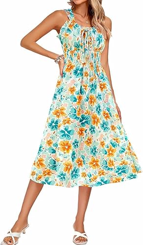 Kate Kasin Damen Floral Print Midi-Kleid ärmellos U-Ausschnitt Elastische Taille A-Linie Sommer Casual Sundress Mid-Calf Länge Soft Blau Orange Floral M von Kate Kasin