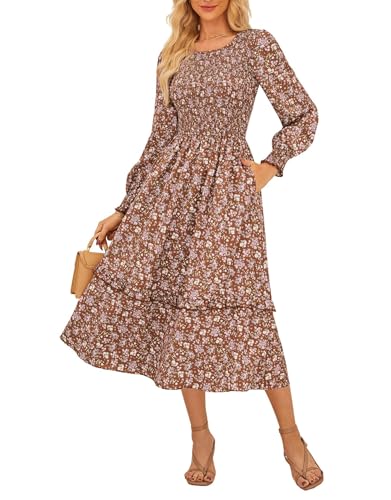 Kate Kasin Damen Freizeit Rundhalsausschnitt Elastische Hohetaille Laternenärmel Blumenkleid Braun M von Kate Kasin