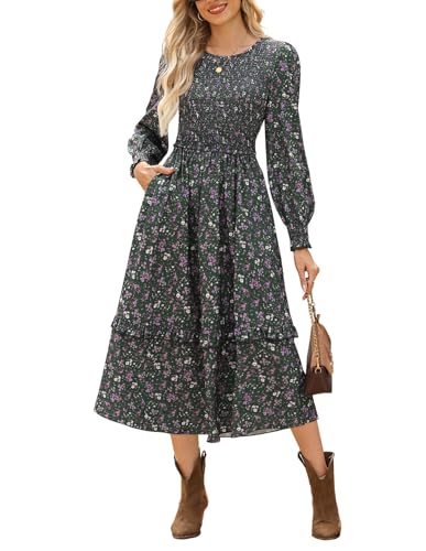 Kate Kasin Damen Freizeit Rundhalsausschnitt Elastische Hohetaille Laternenärmel Blumenkleid Grün S von Kate Kasin