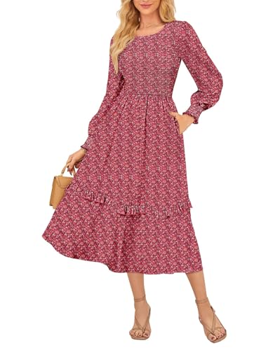 Kate Kasin Damen Freizeit Rundhalsausschnitt Elastische Hohetaille Laternenärmel Blumenkleid Rot L von Kate Kasin