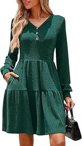 Kate Kasin Damen Freizeitkleid A-Linie Langarm V-Ausschnitt Knopfleiste Strukturiertes Strickkleid Swing Minikleid mit Taschen Dunkelgrün L von Kate Kasin