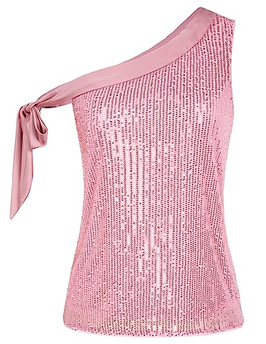 Kate Kasin Damen Funkelnde Tops Sexy EIN-Schulter-Ärmellos mit Knoten im Glitzer Pailletten Club-Shirt Oberteil Pink M von Kate Kasin