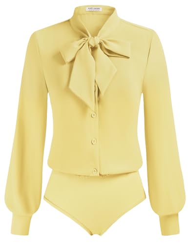 Kate Kasin Damen Herbst Bluse Einteiler Bodysuits Langarm Knopf Büro Arbeitshemd mit Fliege Hellgelb XXL von Kate Kasin