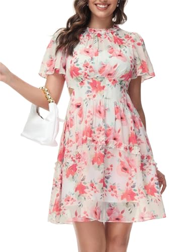 Kate Kasin Damen Kleid Mit Rundhalsausschnitt Und Asaum Kurzärmeliges Französisches Kleid Pinke Blume M von Kate Kasin