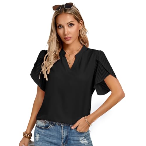 Kate Kasin Damen Kontrast Stoff Tops Kurz Petal Ärmel Henley V-Ausschnitt Bluse Business Casual Work Shirts Schwarz L von Kate Kasin