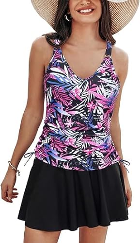 Kate Kasin Damen zweiteilig Badeanzug Tankini Set V-Ausschnitt Bademode mit Röcken Beach Swim Dress Lila Blatt Blume S von Kate Kasin