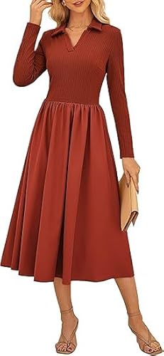 Kate Kasin Damen Kontraststoff-Midikleid mit Langen Ärmeln V-Ausschnitt elastischer Taille A-Linien-Schnitt Rostrot XL von Kate Kasin