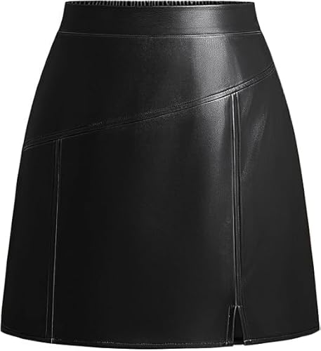 Kate Kasin Damen Kunstleder A-Linie Minirock Side Zipper Front Slit Design Elastische Taille für Party Schwarz M von Kate Kasin