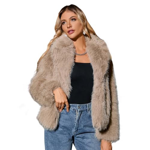 Kate Kasin Damen Kunstpelzmantel Langarm Revers Kurzmantel Jacke Kurzer Faux Pelz Winterjacke Kunstfell Oberbekleidung Khaki S von Kate Kasin