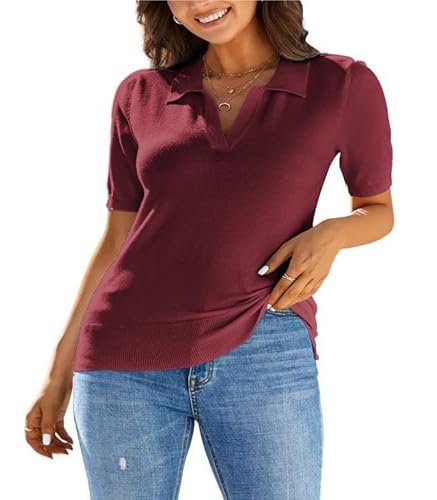 Kate Kasin Damen Kurzarm-Pullover Polo-Strickwaren V-Ausschnitt Tops Basic Pullover Rotwein XL von Kate Kasin