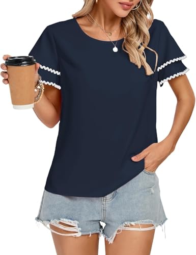 Kate Kasin Damen Kurzarm T-Shirt Rundhalsausschnitt Freizeittop Schlüssellochrücken Sommerbluse Lockere Passform Einfarbig Basic Pullover Marineblau S von Kate Kasin